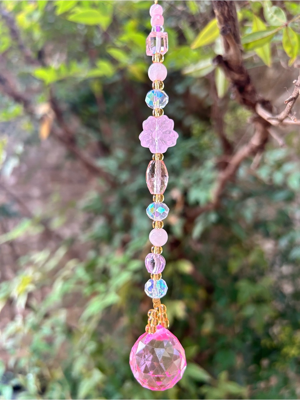9” pink prism + flower crystal beaded small suncatcher sun charm decor